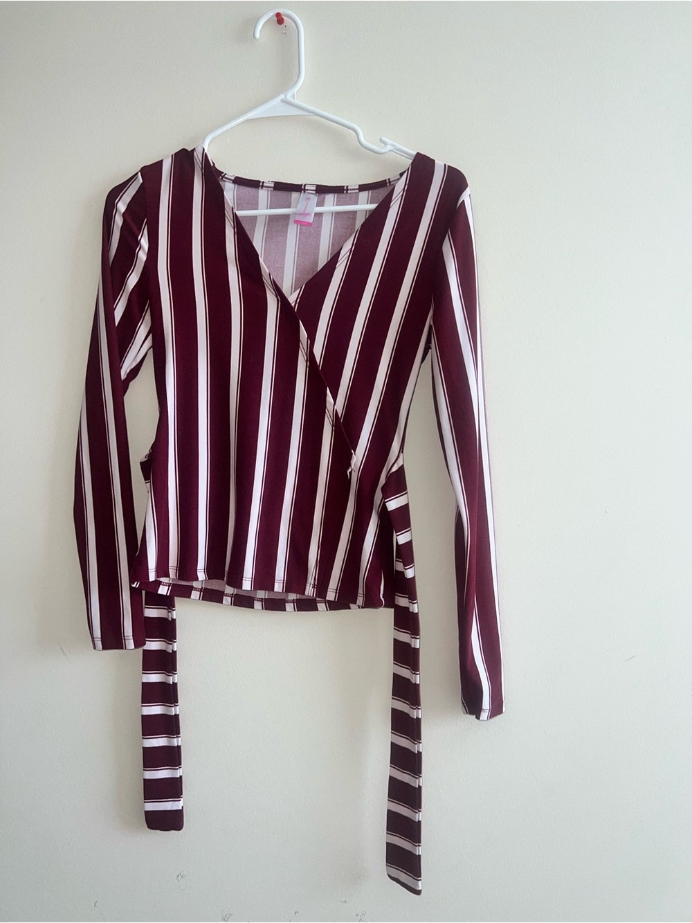 Striped Wrap-Front Long-Sleeve Top in Burgundy